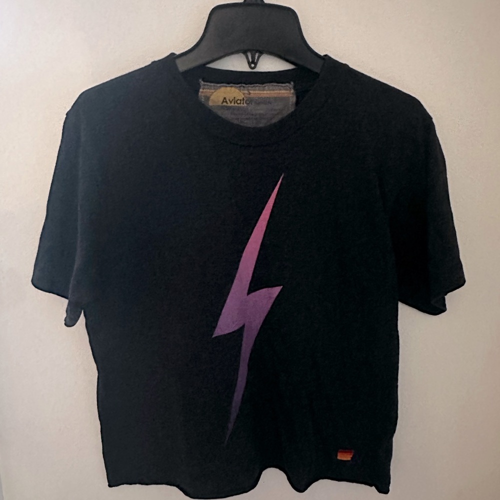 Aviator Nation T-shirt, purple and pink blot, side xs